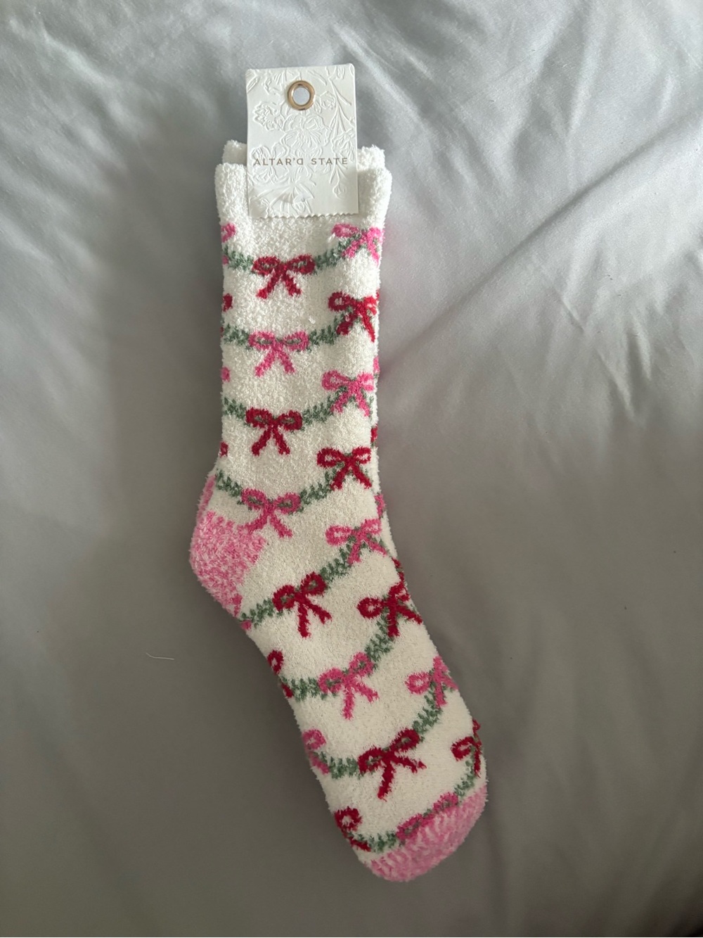 Altar'd State Cream Fuzzy Socks with Pink and Red Bow Pattern